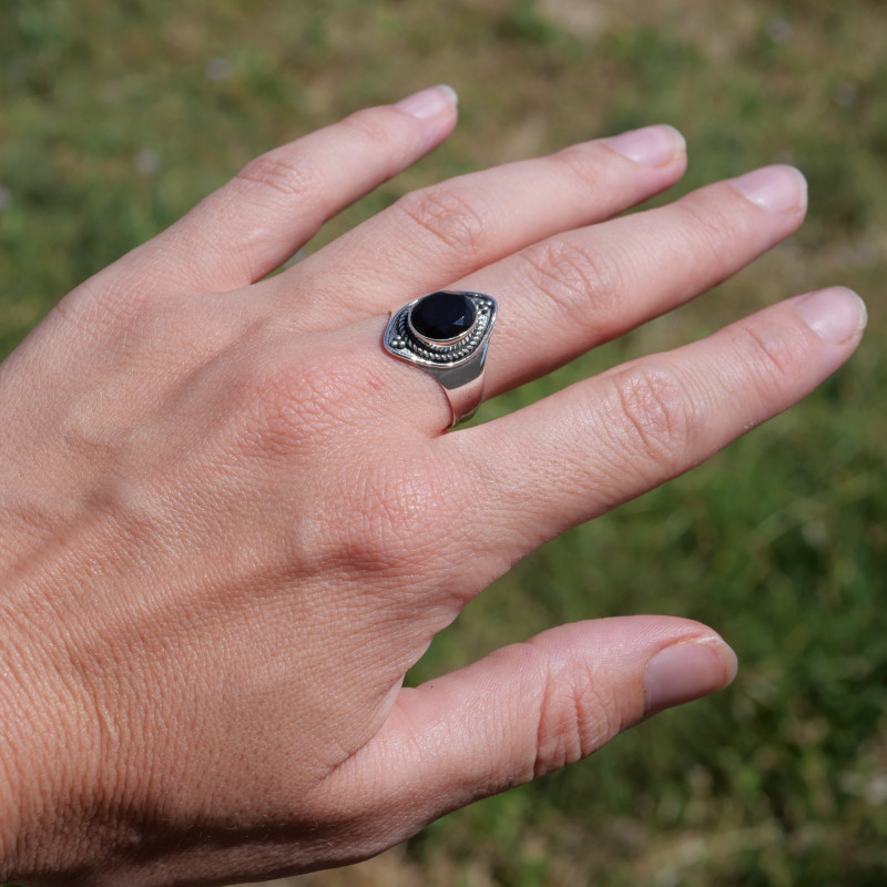 Anneau pointes argent et pierre Onyx noir T60