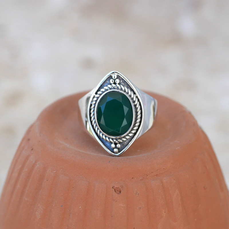 Anneau pointes argent et pierre Agate verte T53