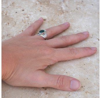 Anneau pointes argent et pierre Agate verte T53