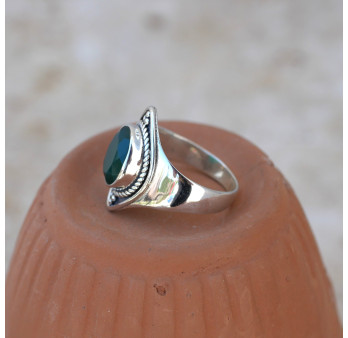 Anneau pointes argent et pierre Agate verte T53