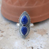 Longue bague 2 pierres Lapis lazuli gouttes et argent ciselé T59