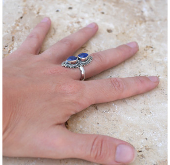 Longue bague 2 pierres Lapis lazuli gouttes et argent ciselé T59