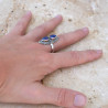 Longue bague 2 pierres Lapis lazuli gouttes et argent ciselé T59