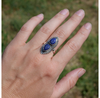 Longue bague 2 pierres Lapis lazuli gouttes et argent ciselé T56/59