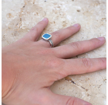 Bague pierre carrée en Calcédoine et argent tressé T55