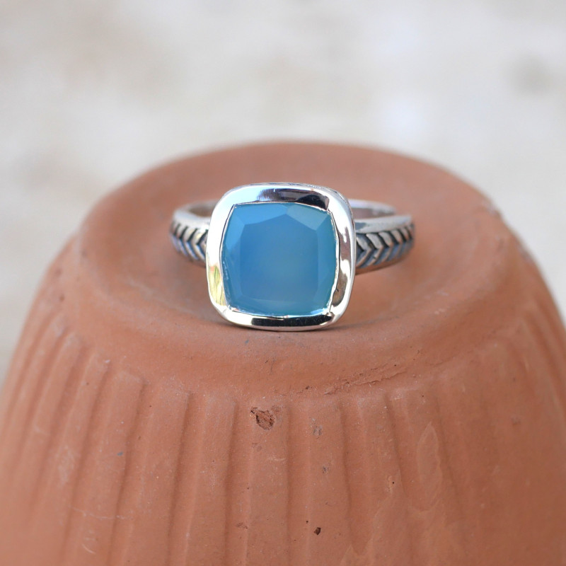 Bague pierre carrée en Calcédoine et argent tressé T55