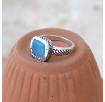 Bague pierre carrée en Calcédoine et argent tressé T55