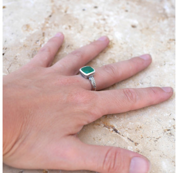 Bague pierre carrée en Agate verte et argent tressé T60