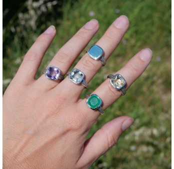 Bague pierre carrée en Prasiolite et argent tressé T60