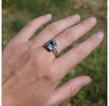Bague pierre carrée en Prasiolite et argent tressé T60