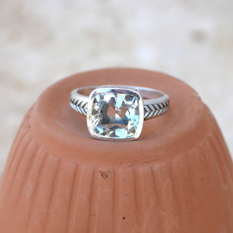 Bague pierre carrée en Prasiolite et argent tressé T60