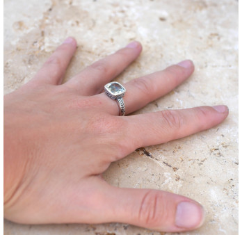 Bague pierre carrée en Prasiolite et argent tressé T60