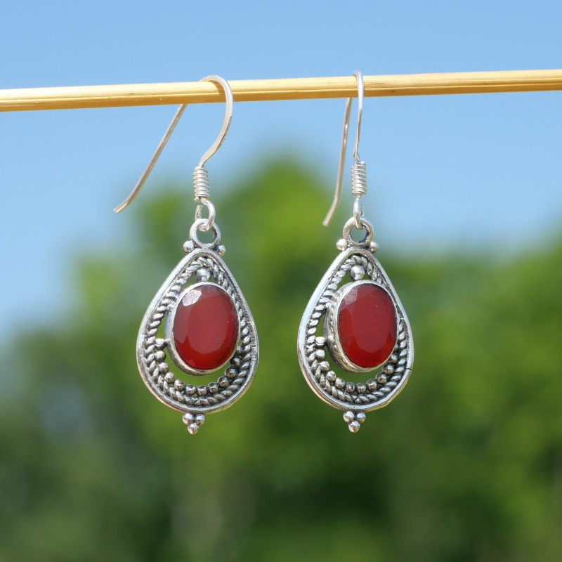 Boucles d'oreilles goutte pierre en Cornaline et argent ajouré