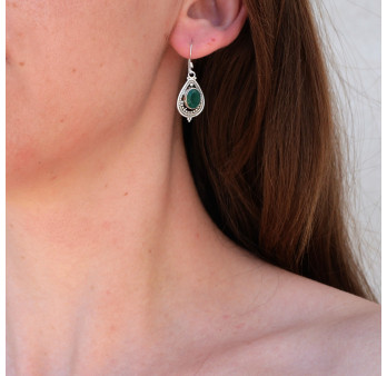 Boucles d'oreilles goutte pierre en Agate verte et argent ajouré