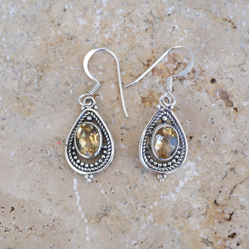 Boucles d'oreilles goutte pierre en Citrine et argent ajouré