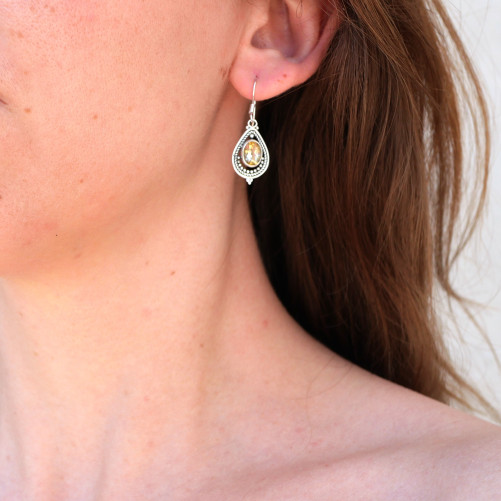 Boucles d'oreilles goutte pierre en Citrine et argent ajouré