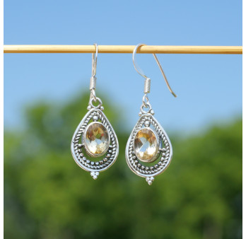 Boucles d'oreilles goutte pierre en Citrine et argent ajouré