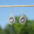 Boucles d'oreilles goutte pierre en Améthyste et argent ajouré