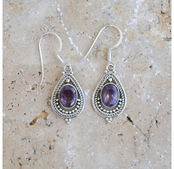 Boucles d'oreilles goutte pierre en Améthyste et argent ajouré