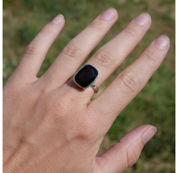Bague rectangulaire haute en argent et Quartz fumé T51/57