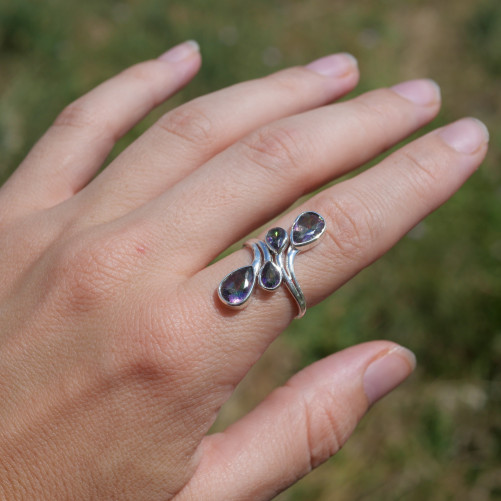 Longue bague 4 pierres gouttes facettées en Topaze mystique et argent T57