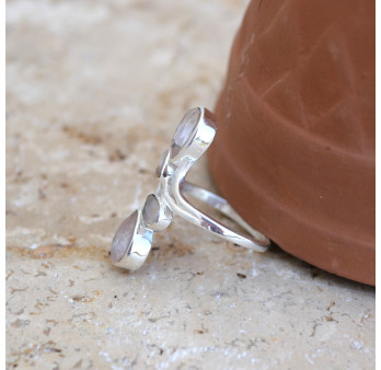 Longue bague 4 pierres gouttes facettées en Quartz rose et argent T56