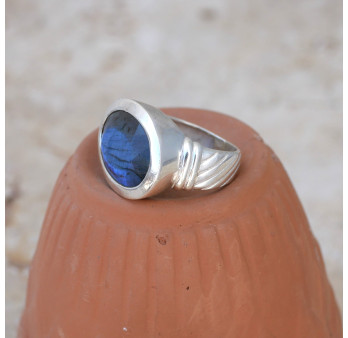 Bague horizontale argent et pierre ovale en Labradorite T54/60