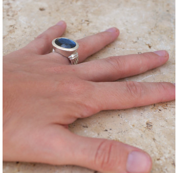 Bague horizontale argent et pierre ovale en Labradorite T54/60
