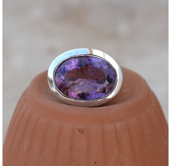 Bague argent et pierre ovale horizontale en améthyste (violet) T54/56