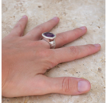 Bague argent et pierre ovale horizontale en améthyste (violet) T54/56