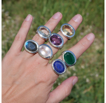 Bague argent et pierre ovale horizontale en améthyste (violet) T54/56