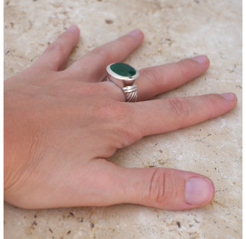 Bague horizontale argent et pierre ovale en Agate verte T56/60