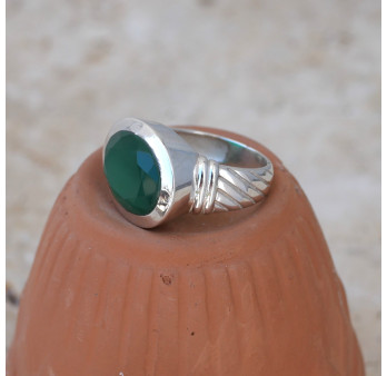 Bague horizontale argent et pierre ovale en Agate verte T56/60