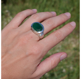 Bague horizontale argent et pierre ovale en Agate verte T56/60
