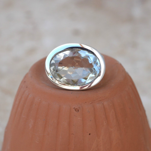 Bague massive argent et pierre ovale en Prasiolite T52/57