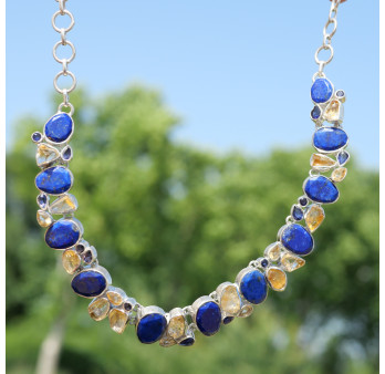 Collier plastron argent 43 pierres Lapis lazuli Citrine et Iolite