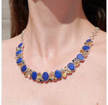 Collier plastron argent 43 pierres Lapis lazuli Citrine et Iolite