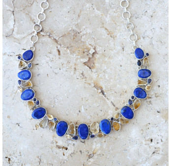 Collier plastron argent 43 pierres Lapis lazuli Citrine et Iolite