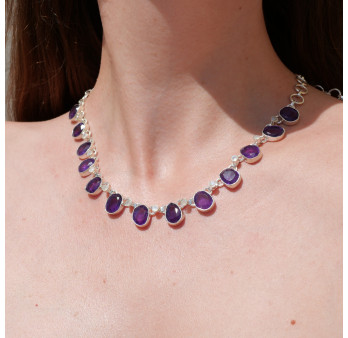 Collier argent 13 pierres en Améthyste et petites Pierres de lune
