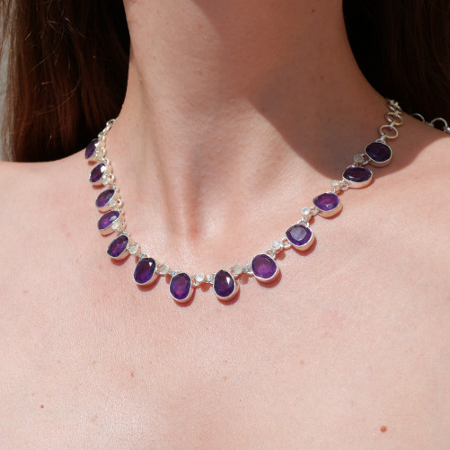 Collier argent 13 pierres en Améthyste et petites Pierres de lune