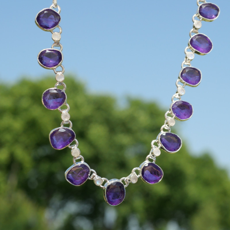 Collier argent 13 pierres en Améthyste et petites Pierres de lune