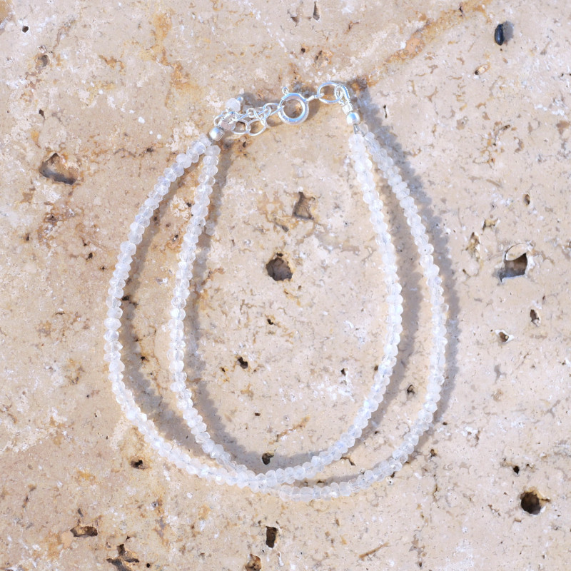 Bracelet 2 rangs pierres en Pierre de lune et fermoir argent
