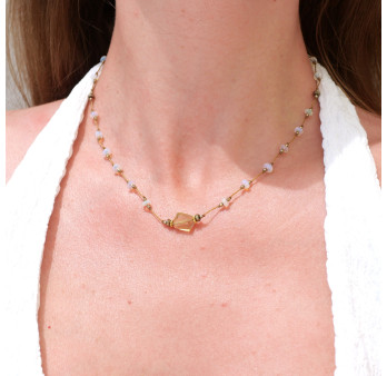 Collier ajustable et Quartz lemon irrégulier et Opale