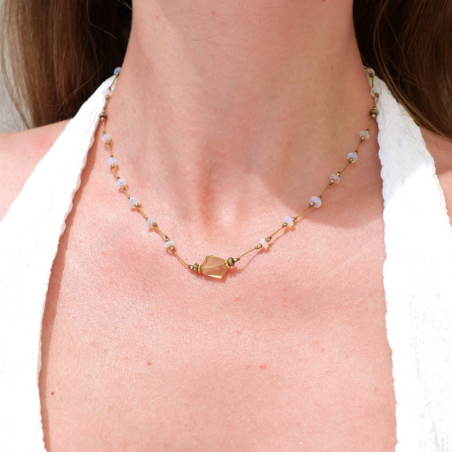 Collier ajustable et Quartz lemon irrégulier et Opale
