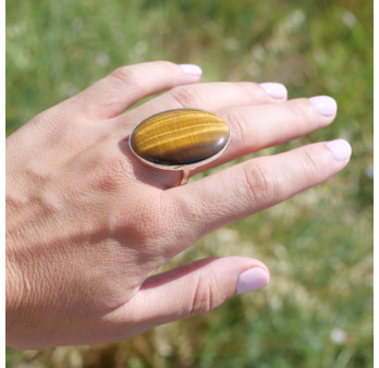 Grosse bague ovale pierre Oeil de tigre et argent T60