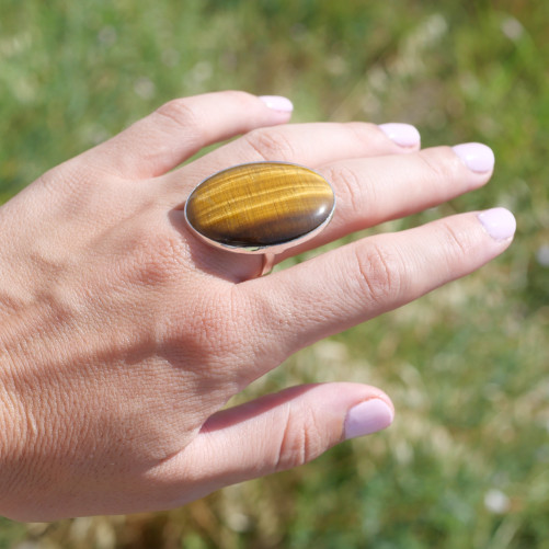 Grosse bague ovale pierre Oeil de tigre et argent T60