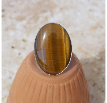 Grosse bague ovale pierre Oeil de tigre et argent T60