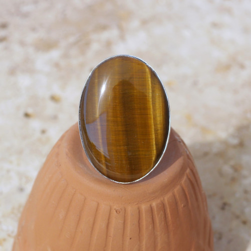 Grosse bague ovale pierre Oeil de tigre et argent T60