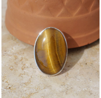 Bague ovale pierre Oeil de tigre et argent T54