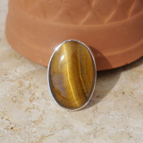 Bague ovale pierre Oeil de tigre et argent T54